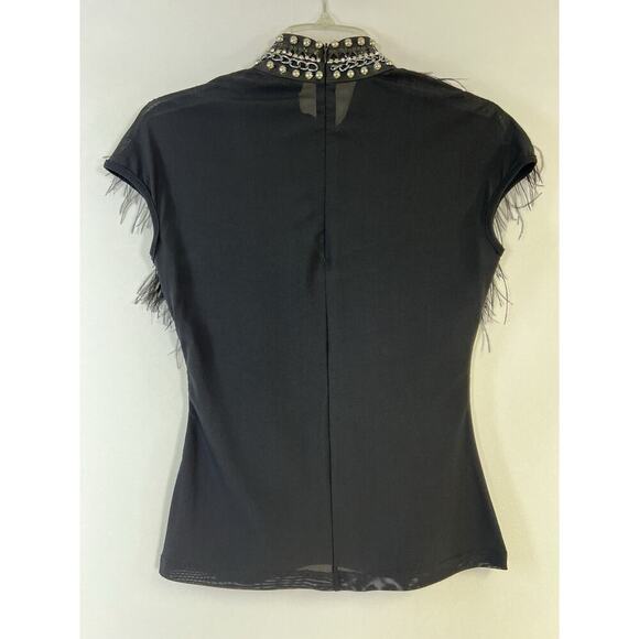 Gracia Black Stretch Short Sleeve Blouse with Ostrich Feather Trim Women’s S - Picture 3 of 11